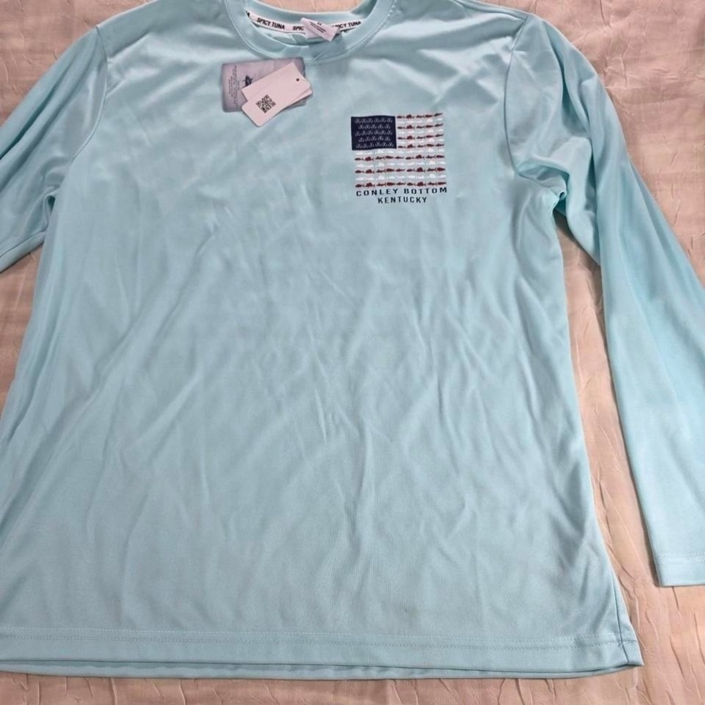 Spicy Tuna Mens Fishing Shirt Blue Long Sleeve Conley‎ Bottom Kentucky Flag M